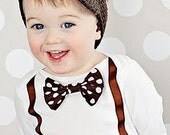Long or Short Sleeve Brown Suspender Onesie with Removable Bow Tie
