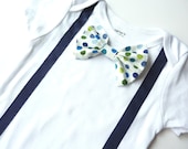 Short or Long Sleeve Navy Blue Onesie Suspenders with Matching Polka Dot Removable Bow Tie