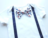 Navy Blue 4th of July Onesie Suspenders with Matching Polka Dot Removable Bow Tie