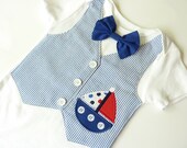 Summer Blue Sailboat Seersucker Tuxedo Vest Onesie with Matching Removable Bow Tie