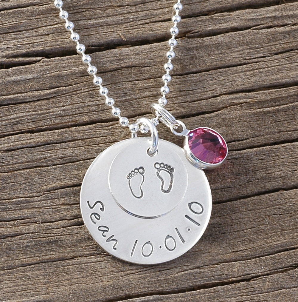 New Baby - Personalized Necklace - Sterling Silver - Hand Stamped - for New Mommy - baby feet - footprints