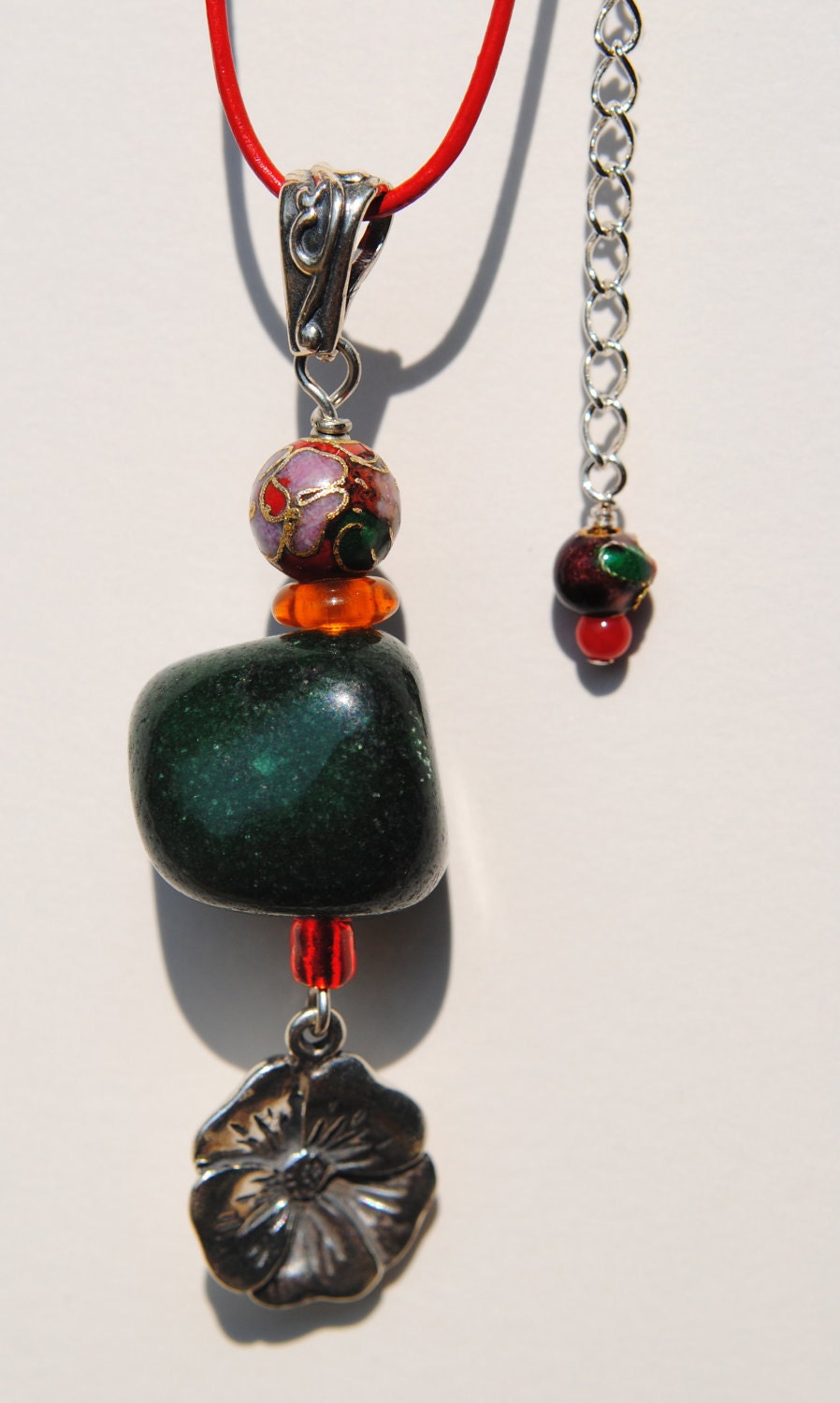 Leather Necklace with Jade Bead and Sterling Silver Hibiscus Flower Dangle Charm