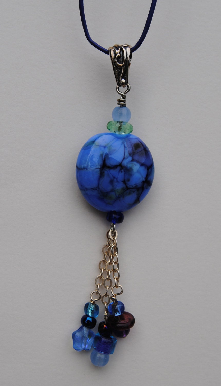 Leather Necklace with Purple Lampwork Glass Bead and Gemstone and Sterling Dangles