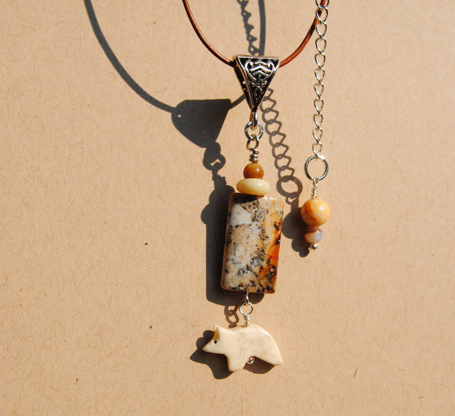 Moss Opal Necklace with Carved Jasper Spirit Bear Dangle Charm