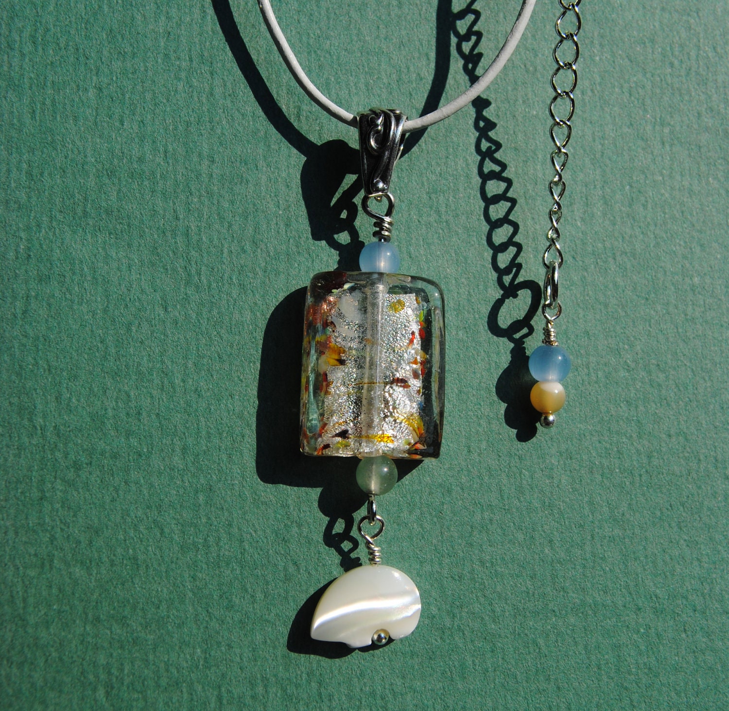 Leather Necklace with Rainbow Speckle Glass Focal Bead and White Shell Carved Bear Dangle Charm