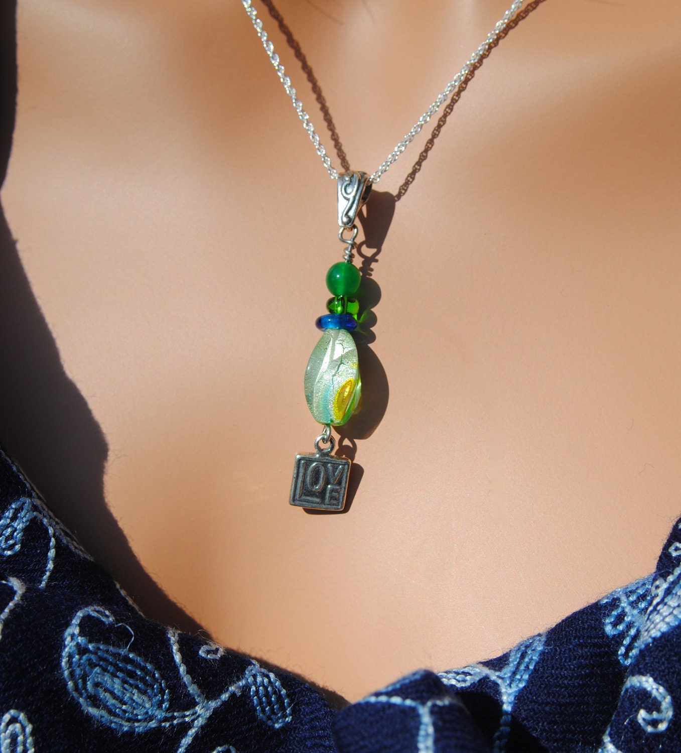 Green Millefiori Glass Bead Necklace with LOVE Charm and Sterling Silver Rope Chain
