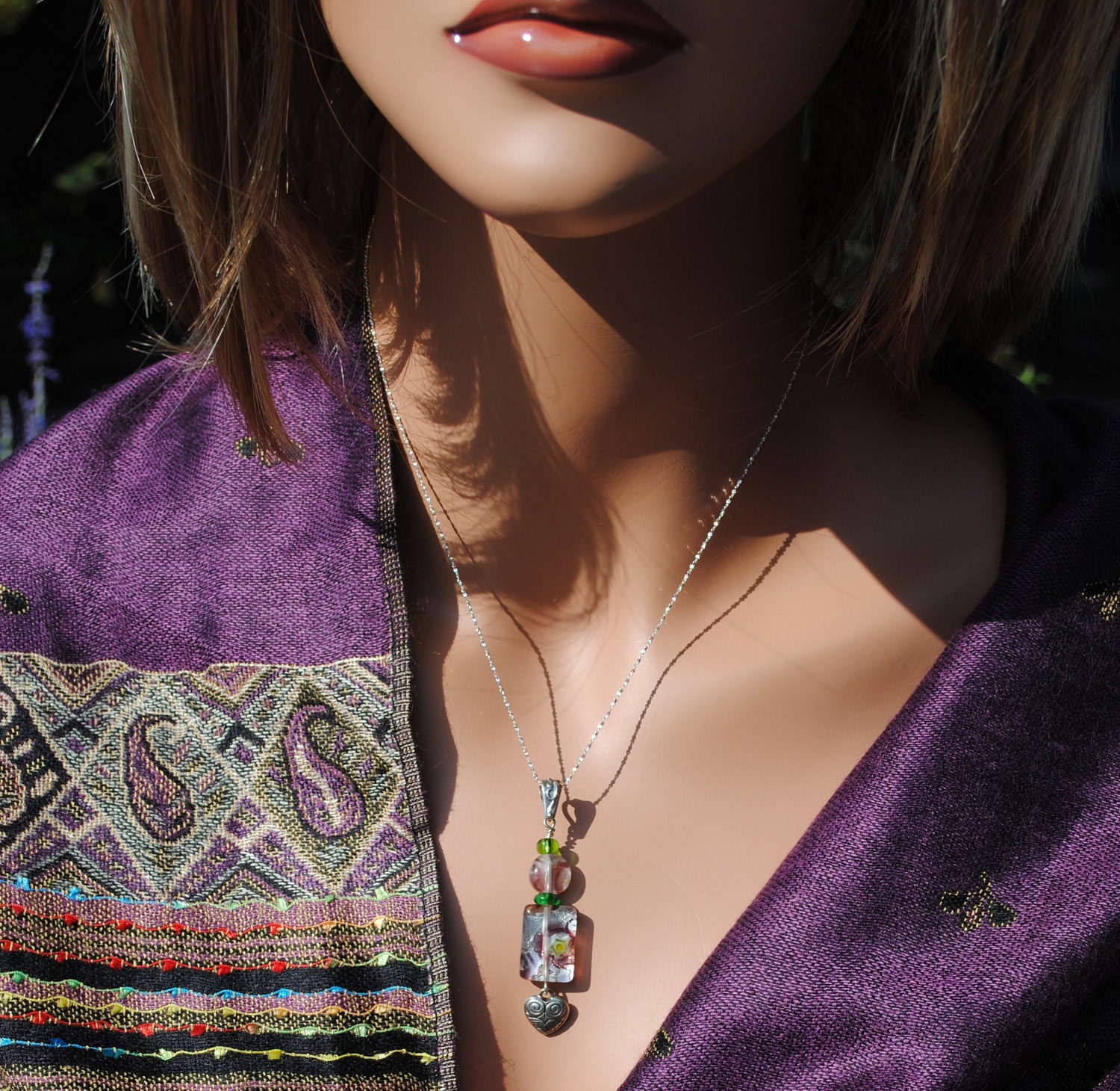 Purple and Silver Millefiori Glass Bead Necklace with Heart Charm and Sterling Chain