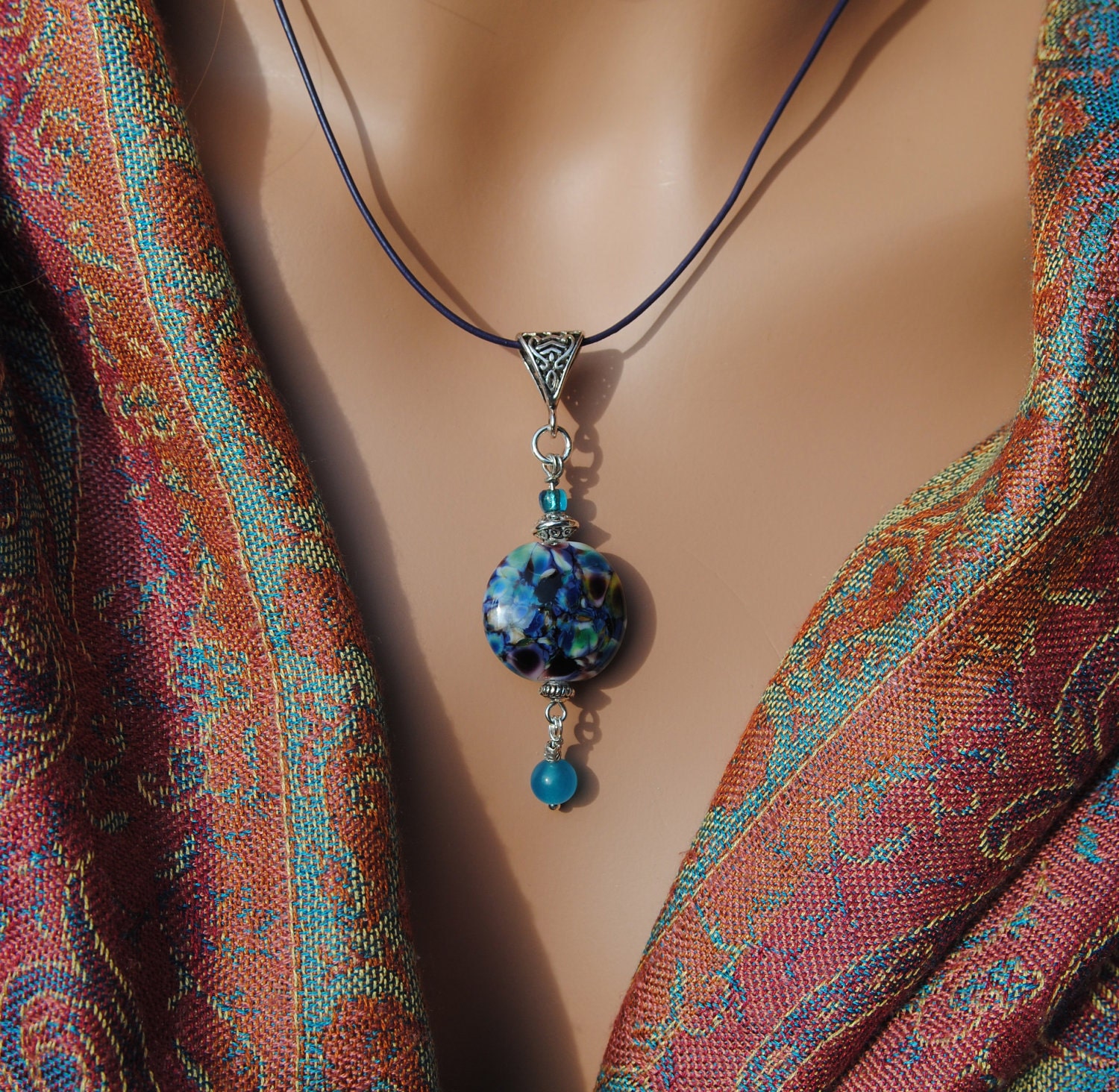 Multicolor Glass Bead Leather Necklace with Turquoise Glass Dangle Bead and Hill Tribe Silver