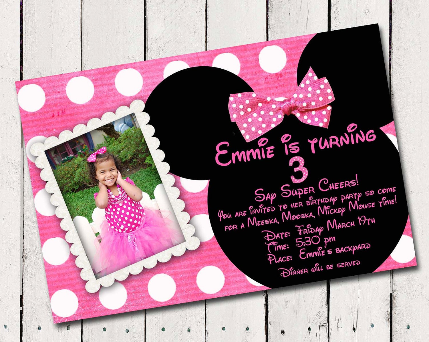 Minnie Mouse Custom photo Birthday Printable Disney Invitations pink or red