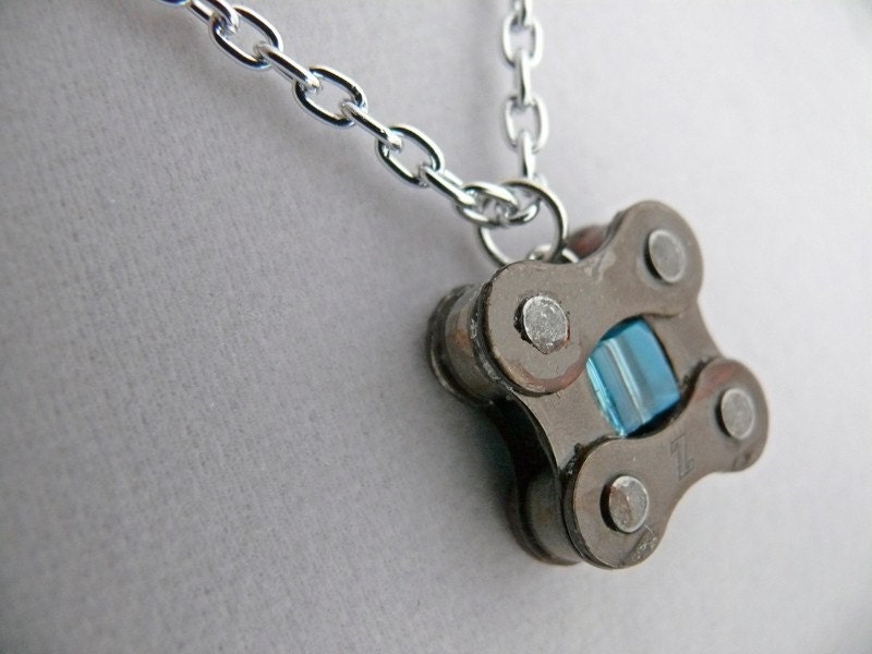 cycling blue glass recycled metal bicyle chain pendant bike jewelry