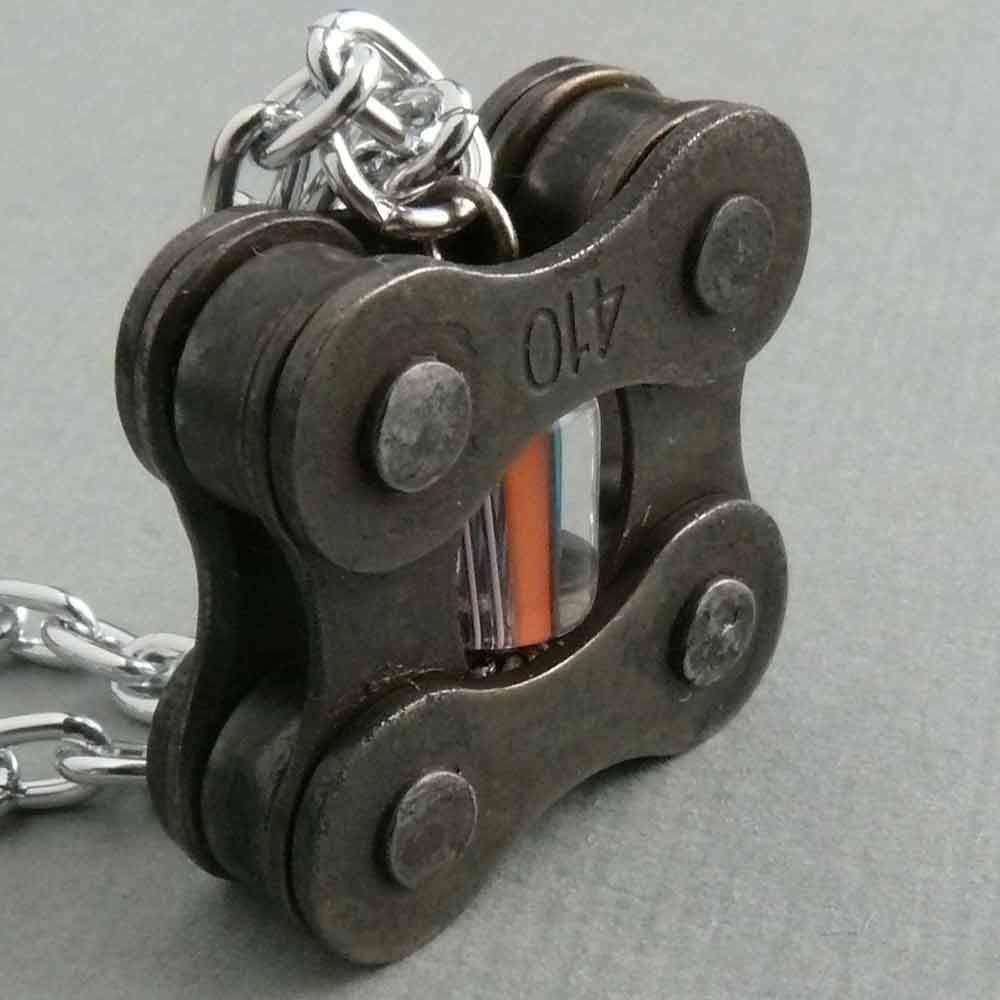 Cycling pendant metal bicycle chain peach blue furnace glass, bike jewelry