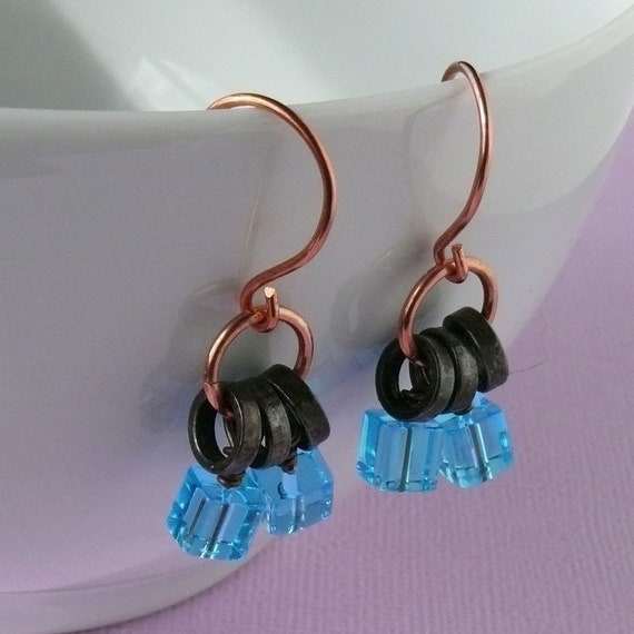 bicycle chain jewelry blue glass earrings, Tour de France bike jewelry