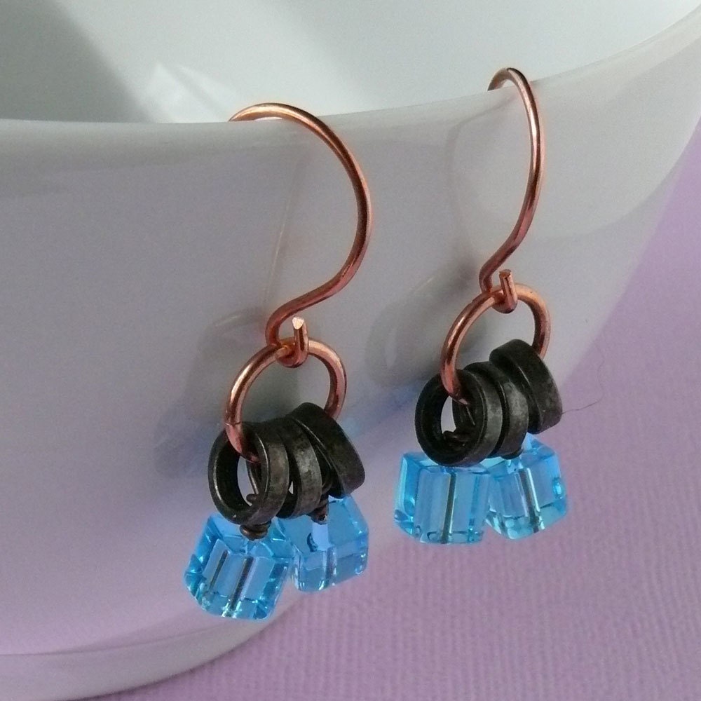 bicycle chain jewelry blue glass earrings, Tour de France bike jewelry
