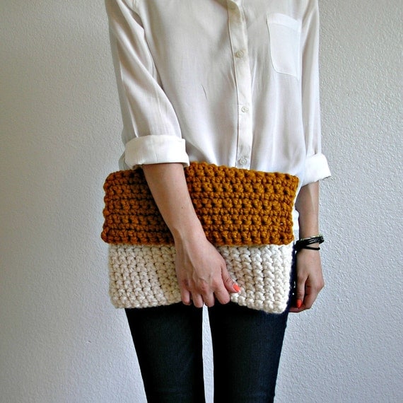 The Colmar Clutch - Fisherman & Butterscotch, knit crochet color blocking clutch, fold over clutch, size MEDIUM