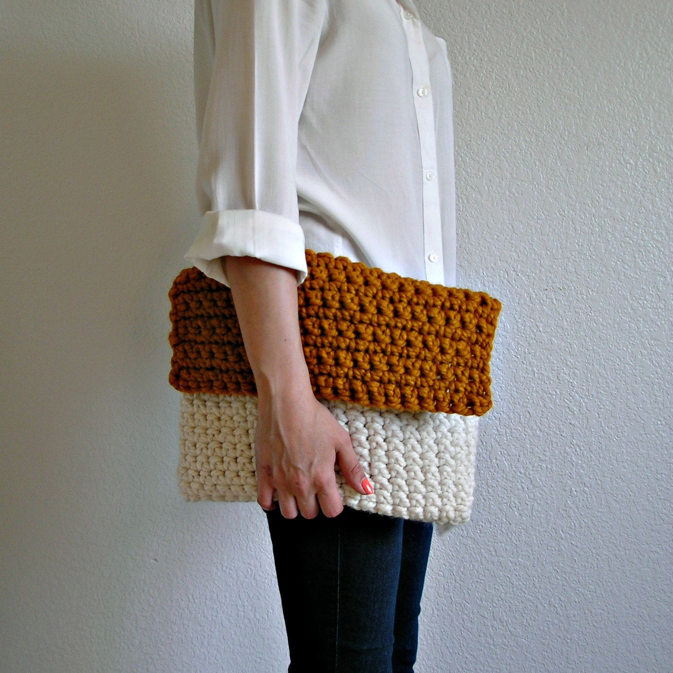 The Colmar Clutch - Fisherman & Butterscotch, knit crochet color blocking clutch, fold over clutch, size MEDIUM