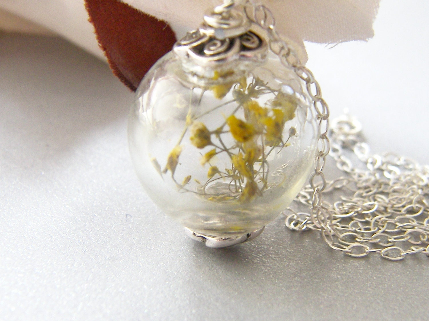 Flower Botanical Necklace,  Hand Blown,  Glass Globe, Bridal Jewelry, Eco Friendly