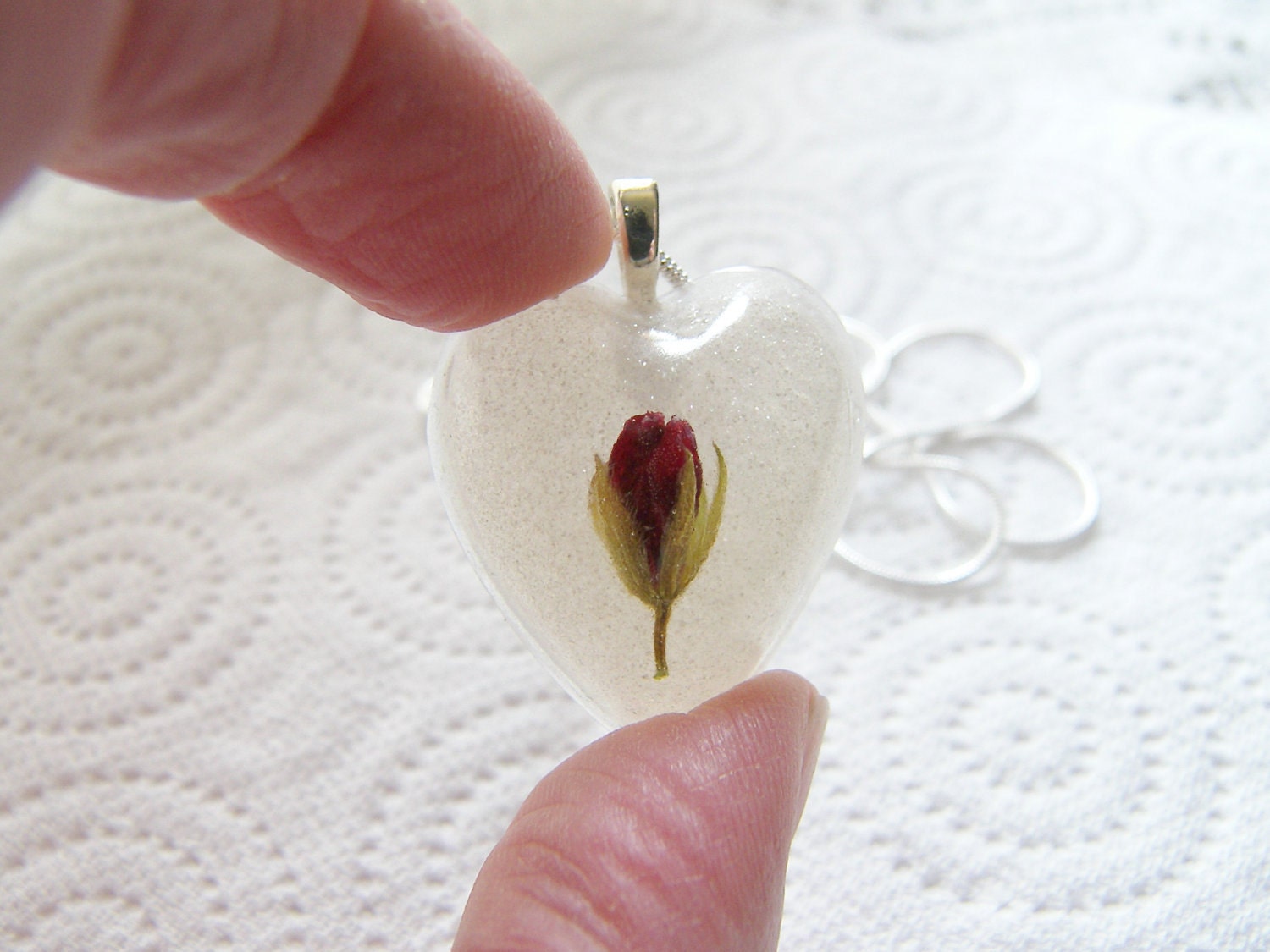 Red Rosebud Necklace, Rose Pendant, Botanical, Miniature Rose, Real Flower Resin