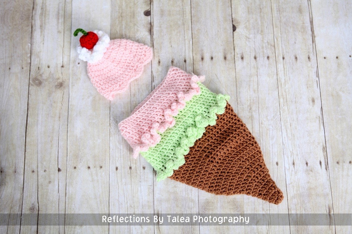 ICE CREAM CONE Cocoon and Beanie Hat Set Crochet Newborn Baby Photo Prop