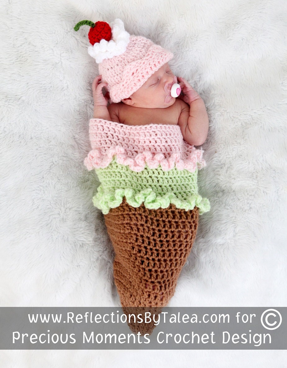 Crochet Newborn Girl Cocoon, ICE CREAM CONE Cocoon and Hat Set, Baby Cocoon, Baby Girl Crochet Newborn Baby Photo Prop