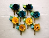 Paper Flower Boutonniere, Wedding, Blue, Green, Yellow, Rose
