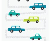 Motorway cars print, children nursery decor, kids room, teal & lime: 8x10