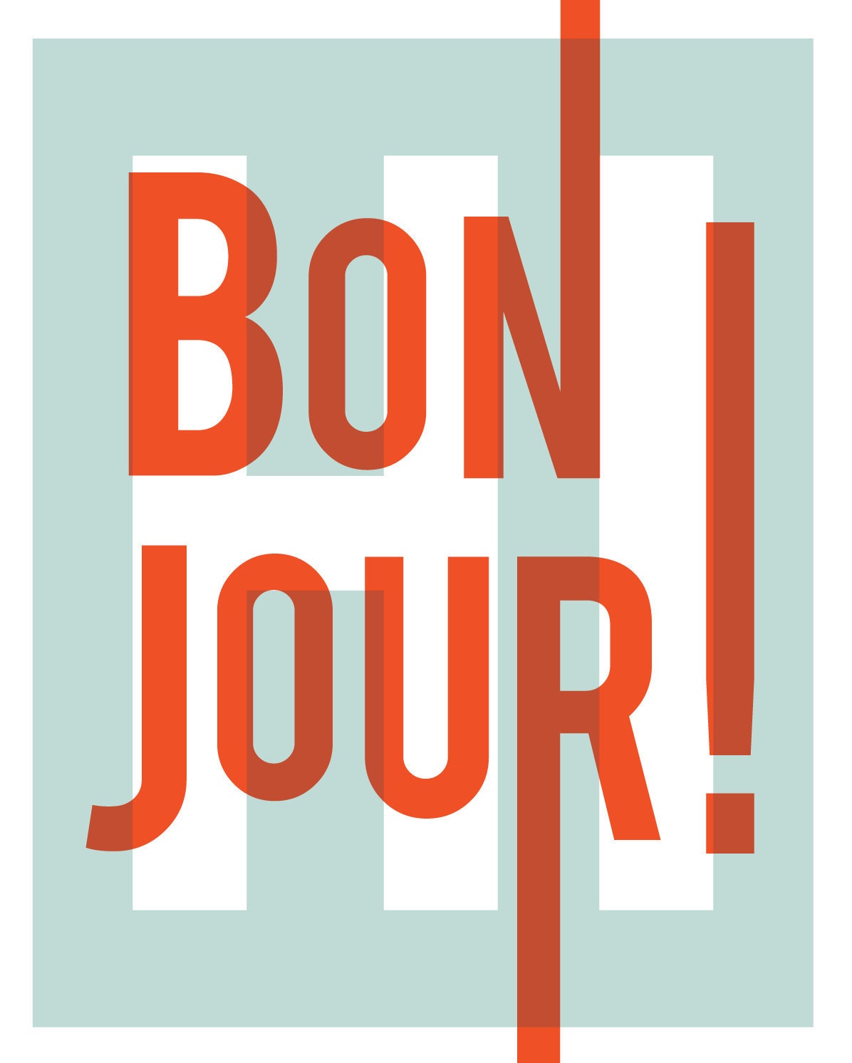 Bonjour, French hello greetings, typography print, home entry foyer art, turquoise/red: A3
