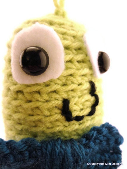 Green Amigurumi Crochet Monster with a Blue Bow Tie Toy