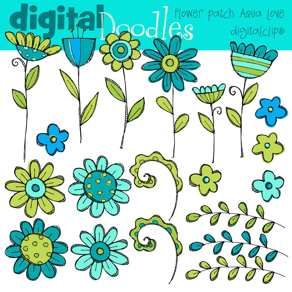 INSTANT DOWNLOAD Teal Flower Patch digital clip art