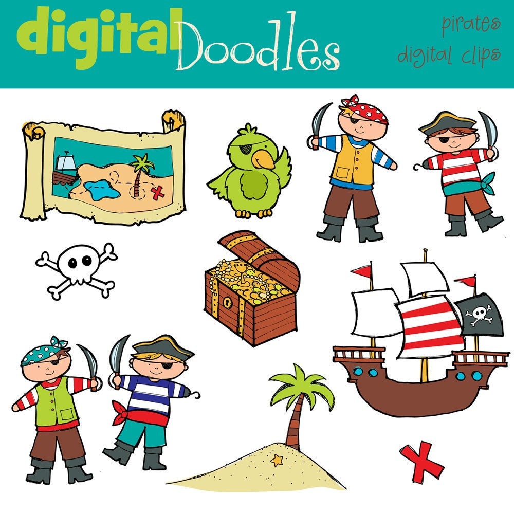 COMBO pirates digital clipart and black line stamps