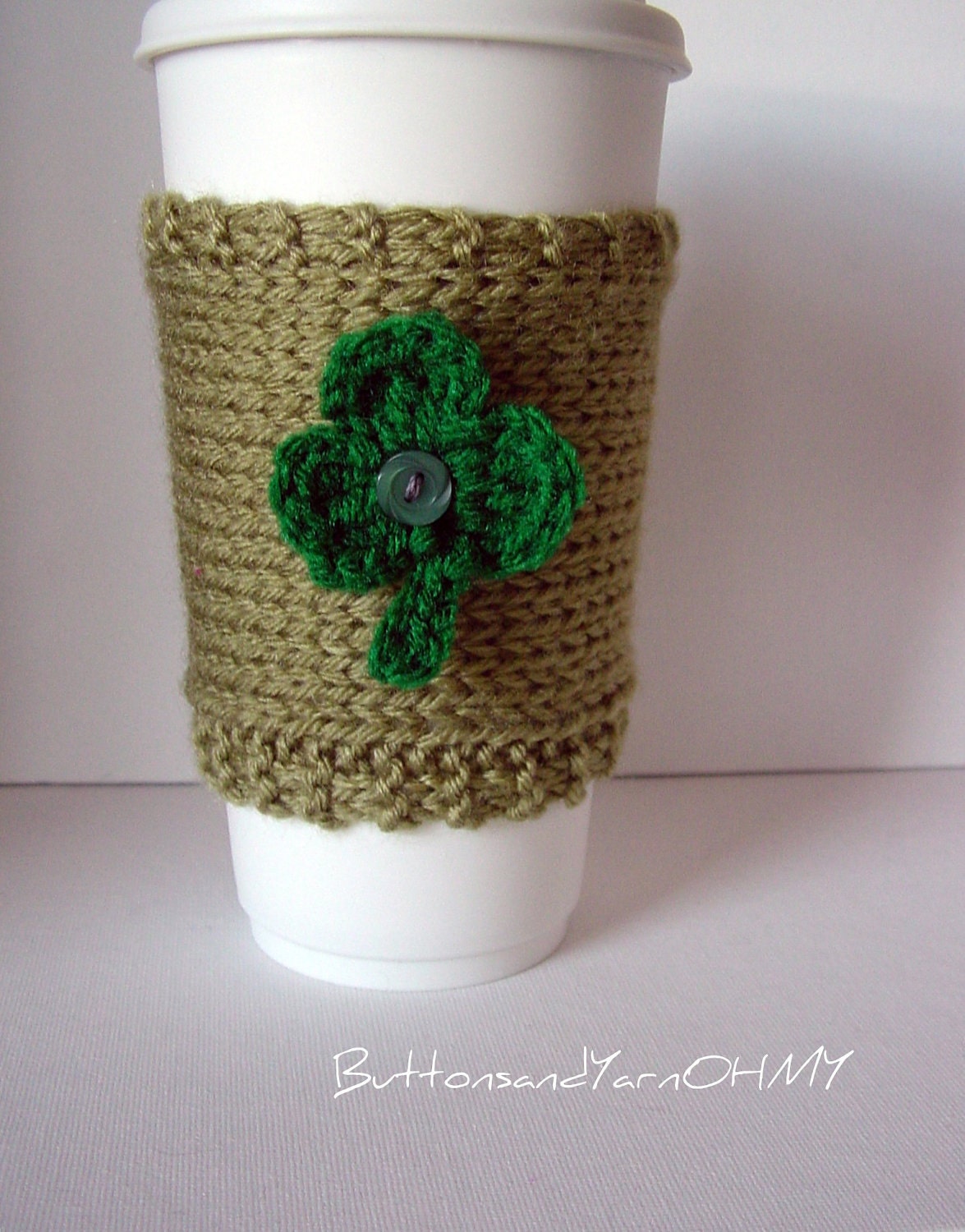 Knitted Cup Cozy, 3 leaf clover coffee cup cozy