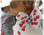 Dog Collar  Cherry with Black and White Plaid Mickey Minnie Mouse Bow w Bow SIZE SMALL Adjustable Dog Collar with D Ring