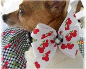 Dog Collar Cherry with Black White Plaid Mickey Minnie Mouse Bow SIZE LARGE Adjustable Dog Collar with D Ring
