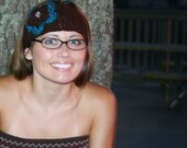Crochet Head Wrap Headband with Jeweled Flower- Brown and Teal