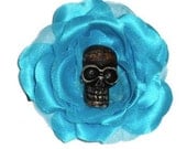 Rockabilly Turquoise Tiki Skull Rose, Hair Flower