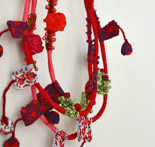 Liberty Bib Necklace Statement Hand Sewn Fabric Necklace Pink Red  Accessories Bridesmaid Colorful Jewelry Eco Friendly Summer Holidays