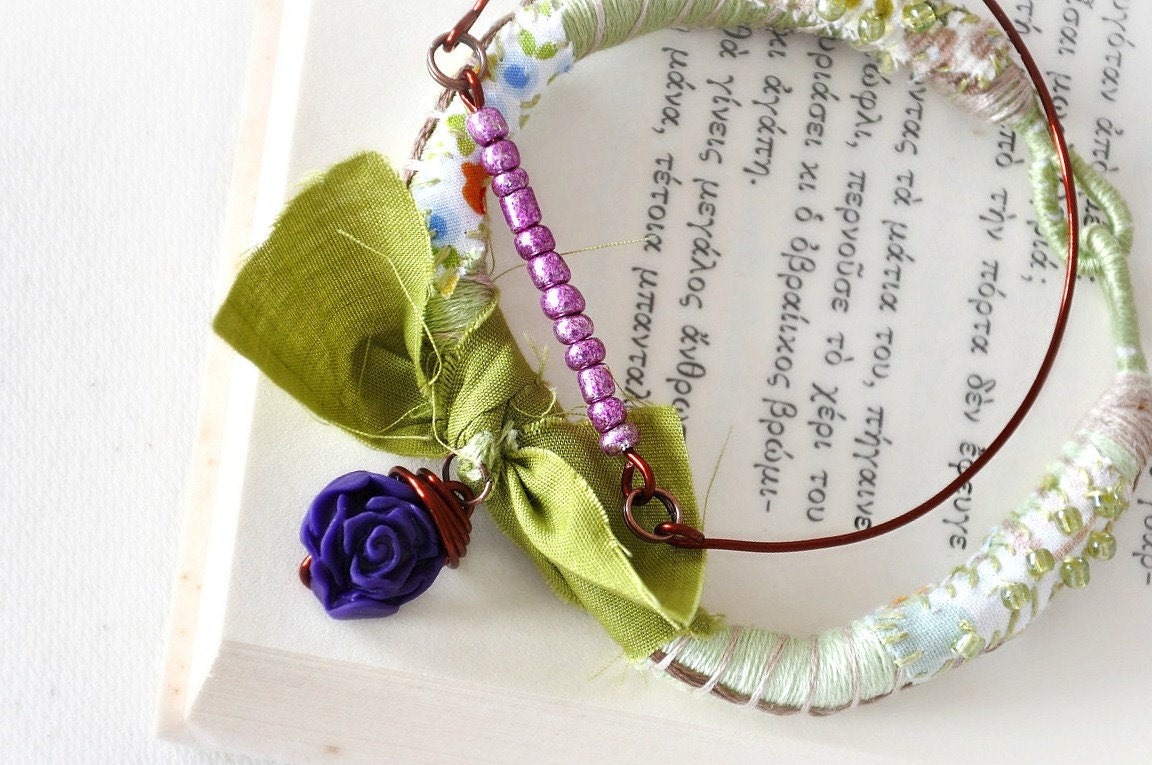 Eco Friendly Hand Sewn, Fabric Bracelet, Pink Red Mothers Gift, Spring Fashion Accessories, Bridesmaid Colorful Jewelry, Green  Embroidery