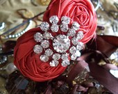 Fabric Flower Rosette Headband Photo Prop for Adults, Teens, and Children - Bright Orange-Pink With Crystal Button