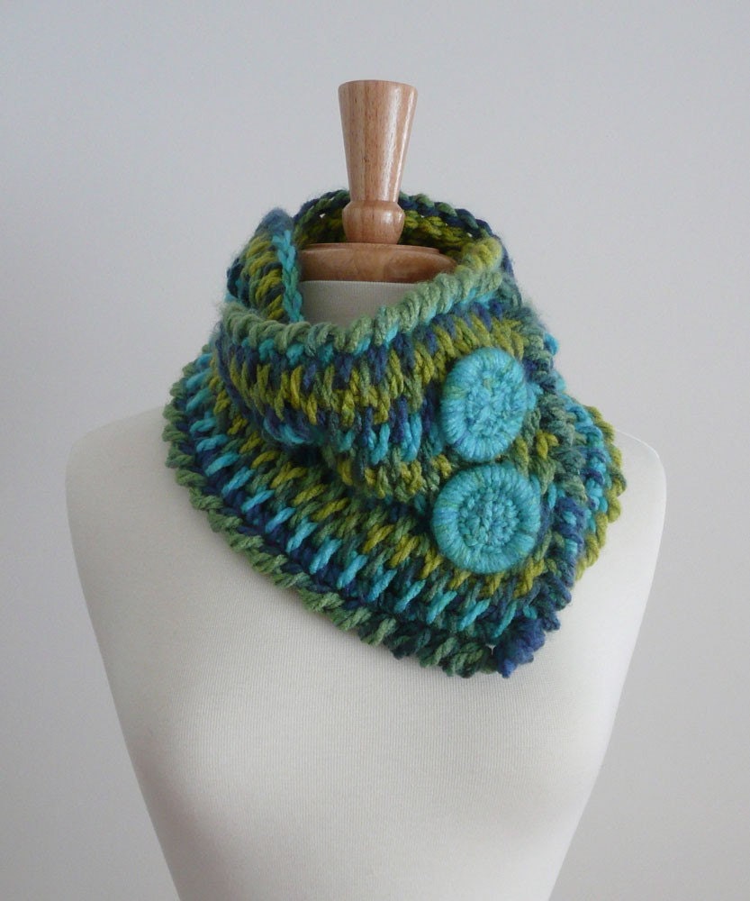 braided scarf cowl neck warmer - blues and greens - convertible style