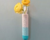 hanging bud vase - crochet - turquoise, robins egg blue and natural white - includes glass test tube