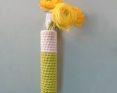 hanging bud vase - crochet - green and natural white two tone - includes glass test tube