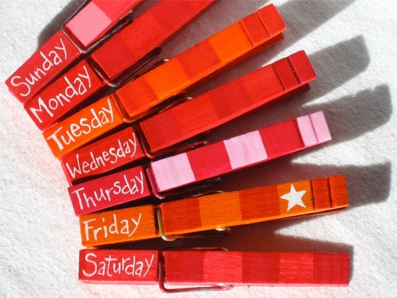 DAYS of THE WEEK hand painted magnetic clothespin set