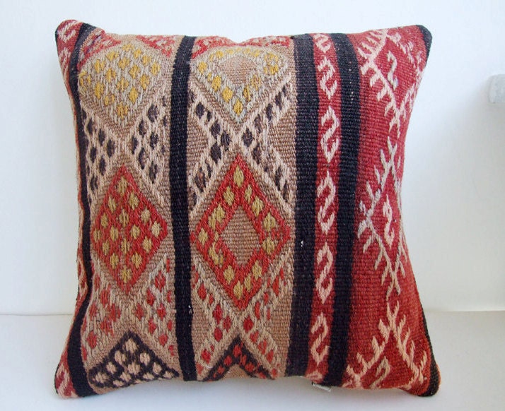 Handwoven Turkish Kilim Pillow Cover 16" X 16", Modern Bohemian Home Decor,,Decorative Kilim Pillow,Vintage Kilim Pillow,Throw Pillow