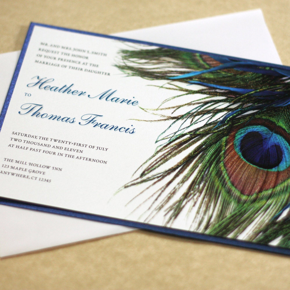 Peacock Feather Modern Wedding Invitation, Deposit