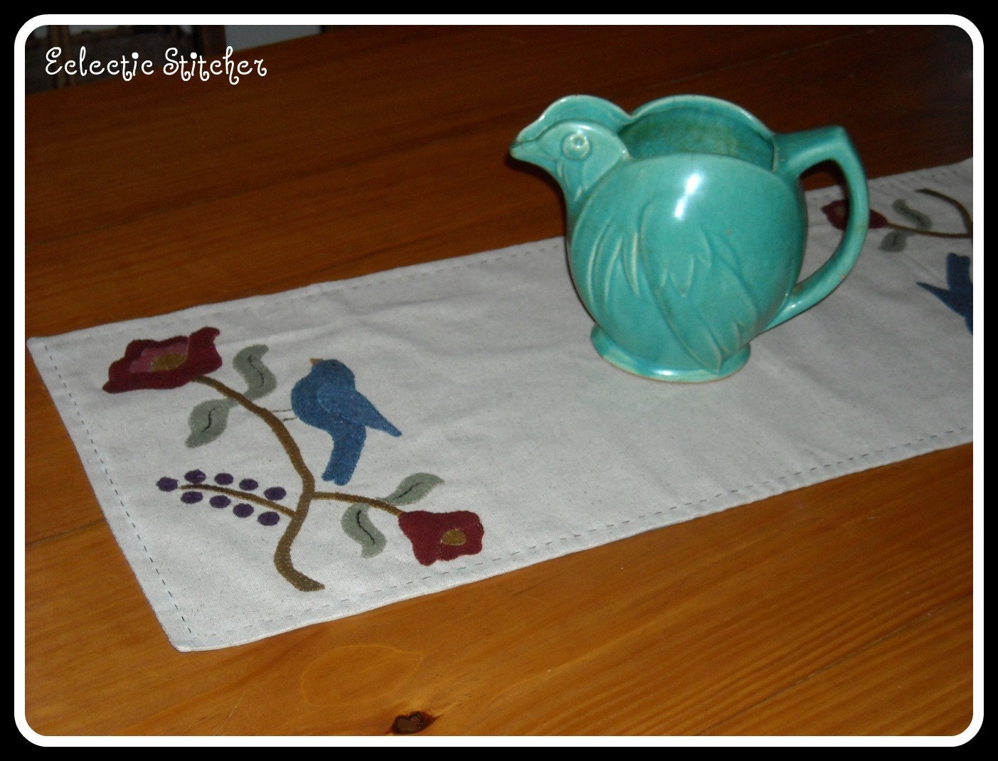 Bluebird Blooms Table Runner, Appliqued Mat, Primitive Wool Applique, Lisa Bongean Design, FREE US SHIPPING