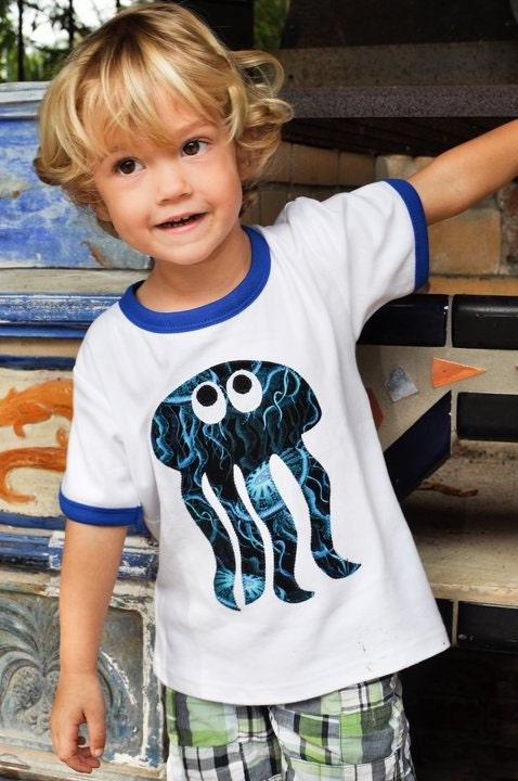 Boys Jellyfish Shirt Applique Summer Tee 18m 2T 4T 6T 8 10