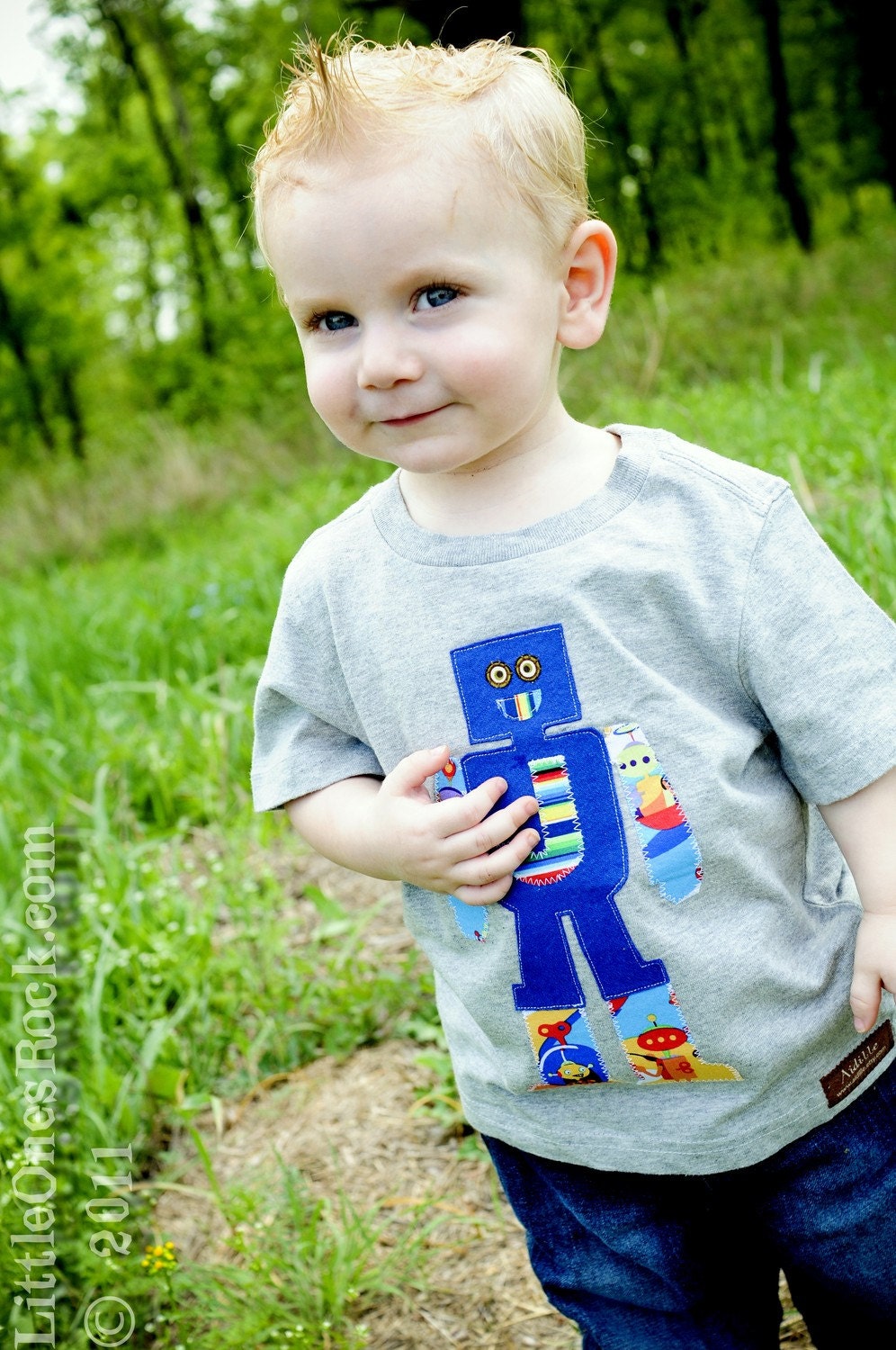 Boy Birthday Shirt Personalized Robot Number or Letter Gray Short Sleeved Tee