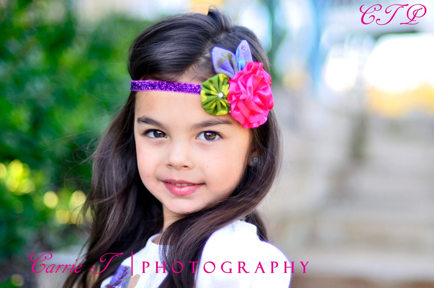 Glitter Elastic Headband with Satin Puff and Fabric Flowers Leaf Toddler Tween Teen