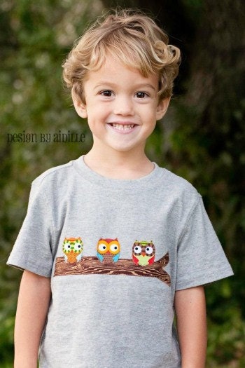 Boys Owl Shirt Applique Tee Spring Made to Order