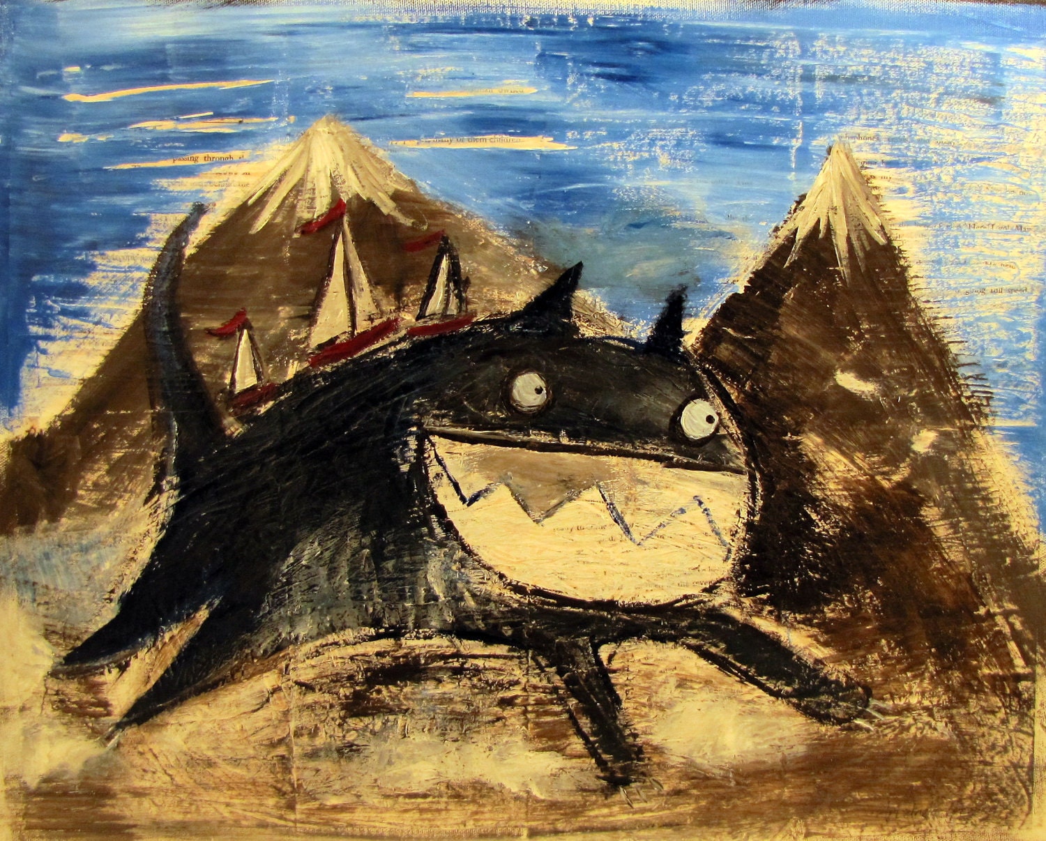 Storybook Art, Outsider Whimsical Stylet, Mixed Media Painting, Cute Monster Cat, Original Acrylic Painting