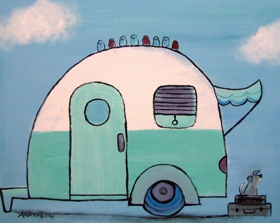 Retro Camper, Whimsical Childrens Decor, Camping Nursery Art, Kids Room, Original Acrylic Painting